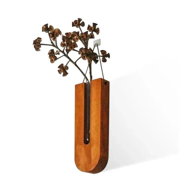 Vintage Wall Hanging Vase │ Wooden Hydroponic Wall Mounted Plant Hangers │ Transparent Glass Tube Flower Pot