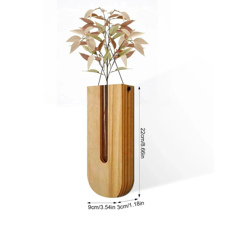 Vintage Wall Hanging Vase │ Wooden Hydroponic Wall Mounted Plant Hangers │ Transparent Glass Tube Flower Pot