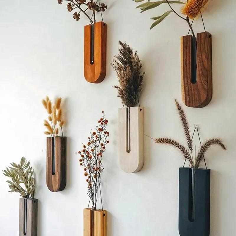 Vintage Wall Hanging Vase │ Wooden Hydroponic Wall Mounted Plant Hangers │ Transparent Glass Tube Flower Pot