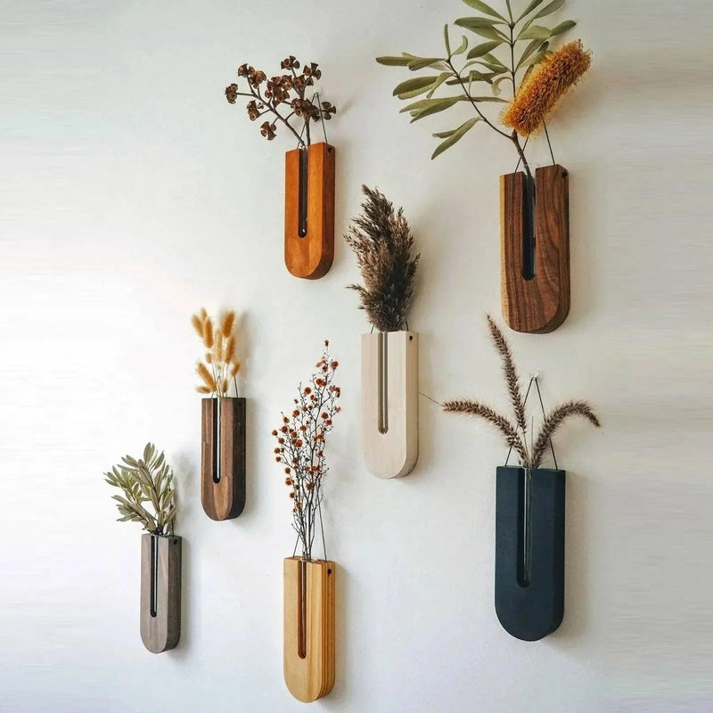 Vintage Wall Hanging Vase │ Wooden Hydroponic Wall Mounted Plant Hangers │ Transparent Glass Tube Flower Pot