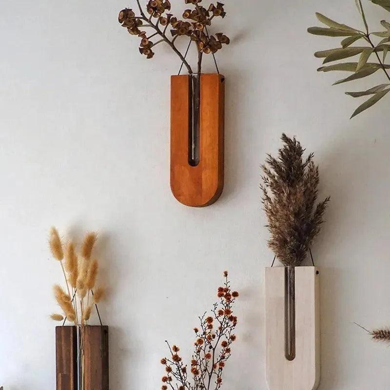 Vintage Wall Hanging Vase │ Wooden Hydroponic Wall Mounted Plant Hangers │ Transparent Glass Tube Flower Pot