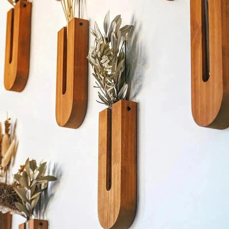 Vintage Wall Hanging Vase │ Wooden Hydroponic Wall Mounted Plant Hangers │ Transparent Glass Tube Flower Pot