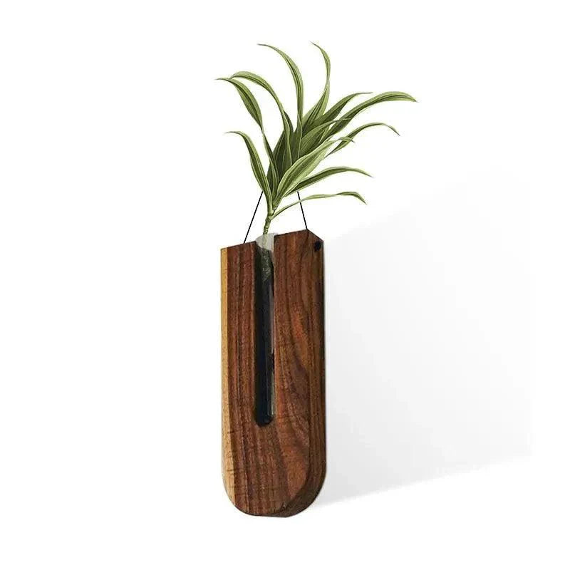 Vintage Wall Hanging Vase │ Wooden Hydroponic Wall Mounted Plant Hangers │ Transparent Glass Tube Flower Pot