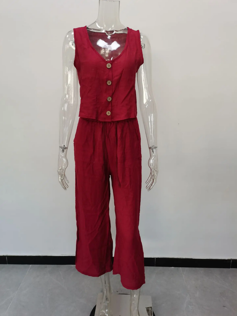 Cotton Linen Two-Piece Office Set – V-Neck Vest & Wide Leg Pants for Casual Elegance and Everyday Comfort