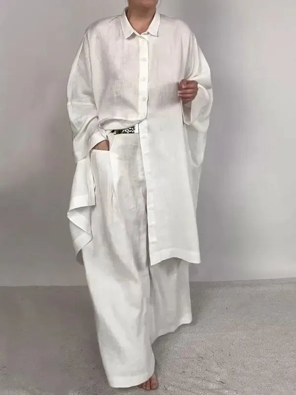 Casual Loose Solid Color Long Shirt & Wide-Leg Pants with Pockets –  Two-Piece Set for Relaxed Elegance
