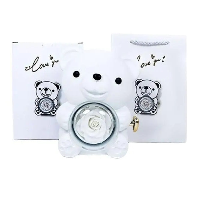 Eternal Rose Teddy Bear Necklace –  Personalized Engraved Name with Rotating Rose Jewelry Box for Her
