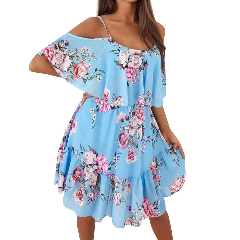Ruffled Chiffon Summer Dress – Flower Printed, Shoulder Strap Style with European-Inspired Sexy Vibes for 2024 Chic