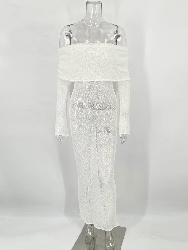 Off-Shoulder Knit Maxi Long Dress – Hollow-Out See-Through Cover-Up for Beach, Holiday, & Party Glam