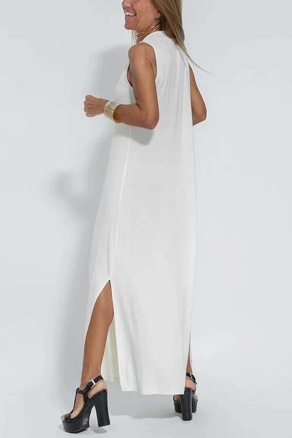 Chic V-Neck Dress & Cardigan Set – Sleeveless Long Vest Dress with Fall-Ready Casual Layered Elegance