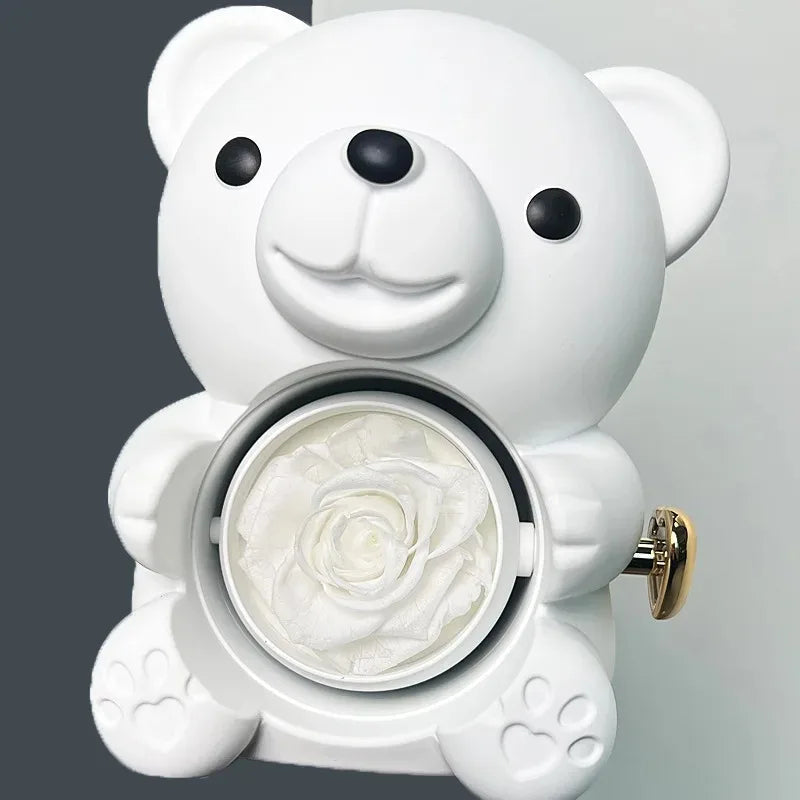 Eternal Rose Teddy Bear Necklace –  Personalized Engraved Name with Rotating Rose Jewelry Box for Her