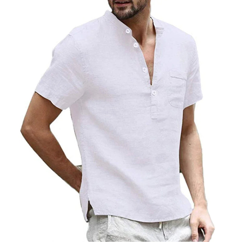 Casual Men's Linen Shirt – Short Sleeve 3-Button V-Neck Top with Pocket for Everyday Summer Style