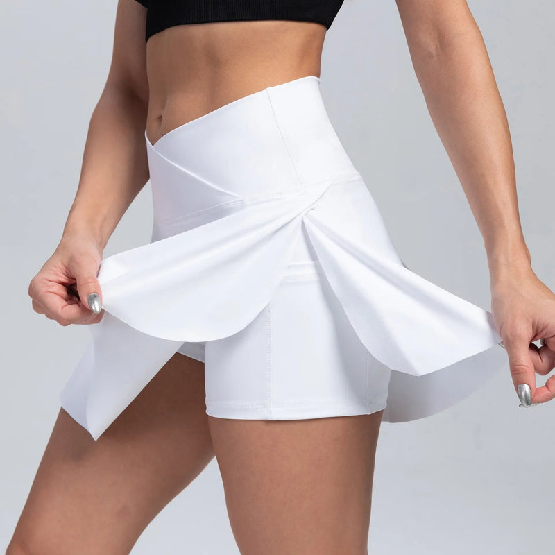 High Waist Overlap Tennis Skirt Shorts - 2-in-1  Outdoor Activewear with Pocket for Women
