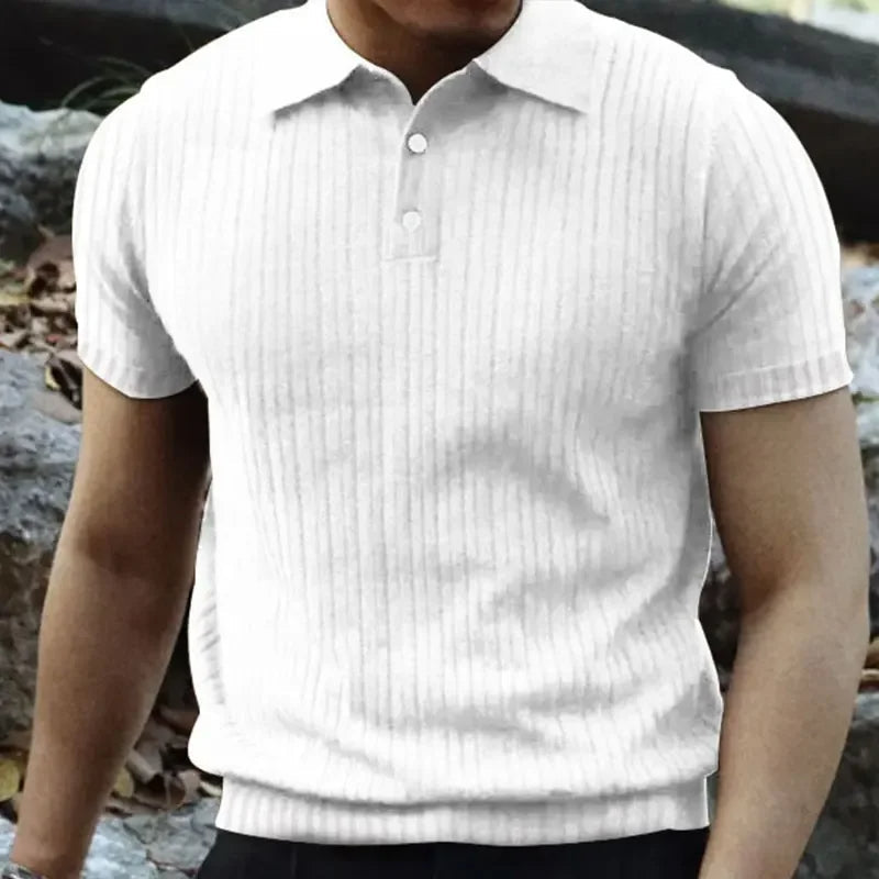 Men’s Woven Knit Polo Shirt – Business Casual Striped Lapel T-Shirt for Comfortable Summer Wear