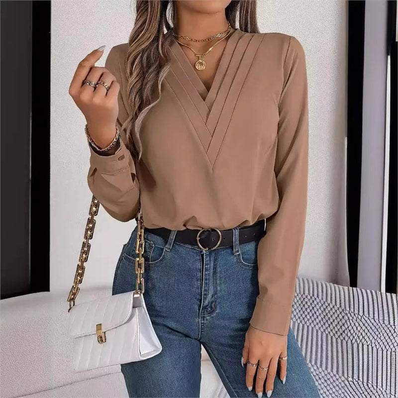 Layered V-Neck Long Sleeve Blouse – Slim Fit White Pullover for Office Chic, Autumn/Winter Fashion