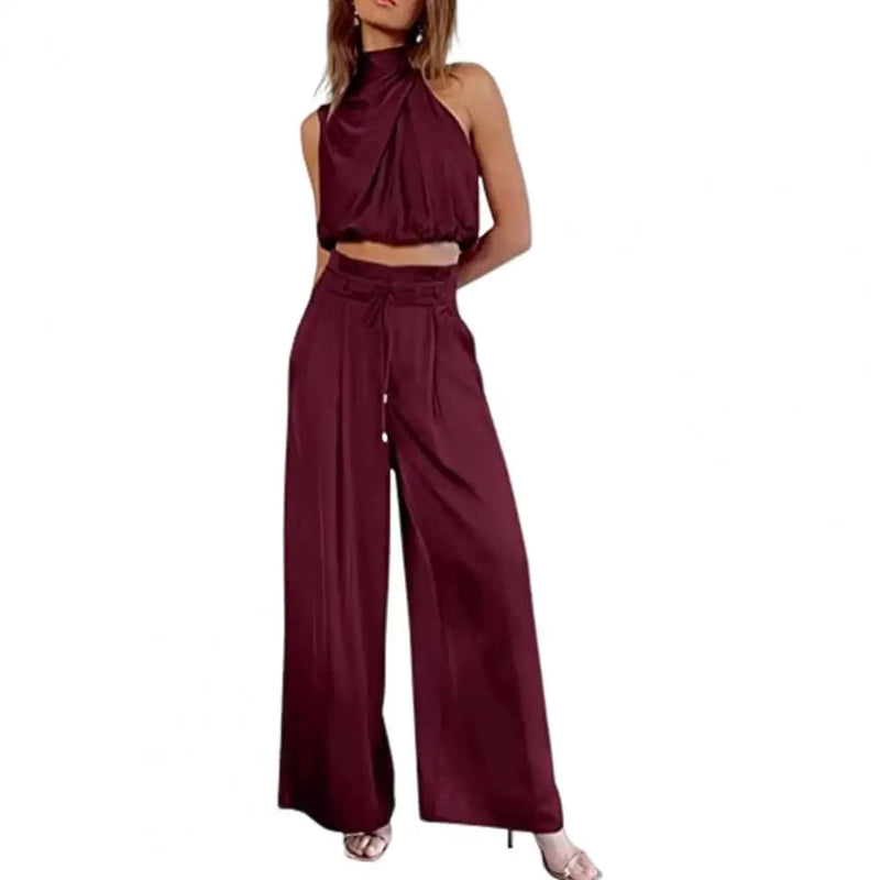 Silky Pleated Two-Piece Set – Sleeveless Top & Wide-Leg Pants for Effortless Elegance