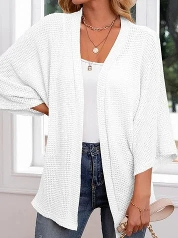 Oversized Knit Women Cardigan – Cozy Waffle Texture with Three-Quarter Sleeves for Laid-Back Layered Style
