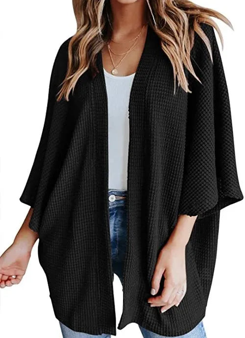 Oversized Knit Women Cardigan – Cozy Waffle Texture with Three-Quarter Sleeves for Laid-Back Layered Style