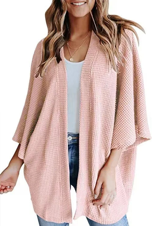 Oversized Knit Women Cardigan – Cozy Waffle Texture with Three-Quarter Sleeves for Laid-Back Layered Style