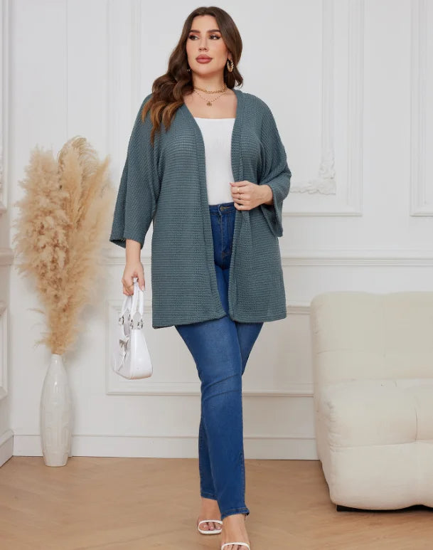 Oversized Knit Women Cardigan – Cozy Waffle Texture with Three-Quarter Sleeves for Laid-Back Layered Style