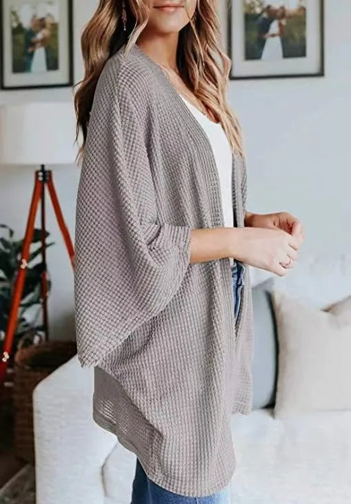 Oversized Knit Women Cardigan – Cozy Waffle Texture with Three-Quarter Sleeves for Laid-Back Layered Style