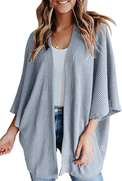 Oversized Knit Women Cardigan – Cozy Waffle Texture with Three-Quarter Sleeves for Laid-Back Layered Style