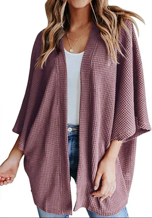 Oversized Knit Women Cardigan – Cozy Waffle Texture with Three-Quarter Sleeves for Laid-Back Layered Style
