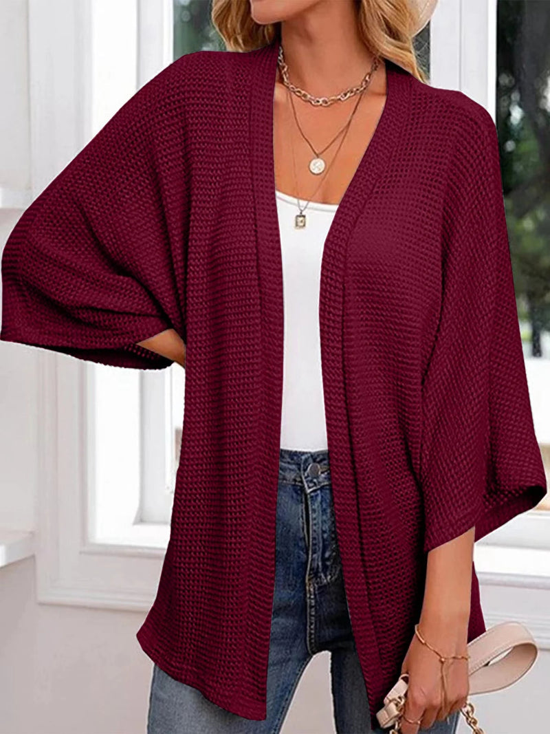 Oversized Knit Women Cardigan – Cozy Waffle Texture with Three-Quarter Sleeves for Laid-Back Layered Style