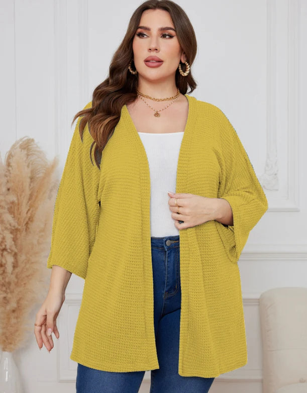 Oversized Knit Women Cardigan – Cozy Waffle Texture with Three-Quarter Sleeves for Laid-Back Layered Style