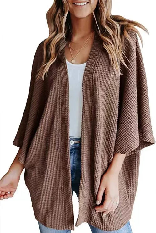 Oversized Knit Women Cardigan – Cozy Waffle Texture with Three-Quarter Sleeves for Laid-Back Layered Style