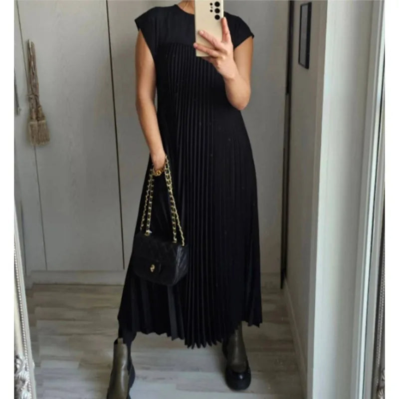 Summer Short Sleeve Pleated Maxi Dress – Loose Pleated Solid Color Long Dress with High Waist & Round Neck